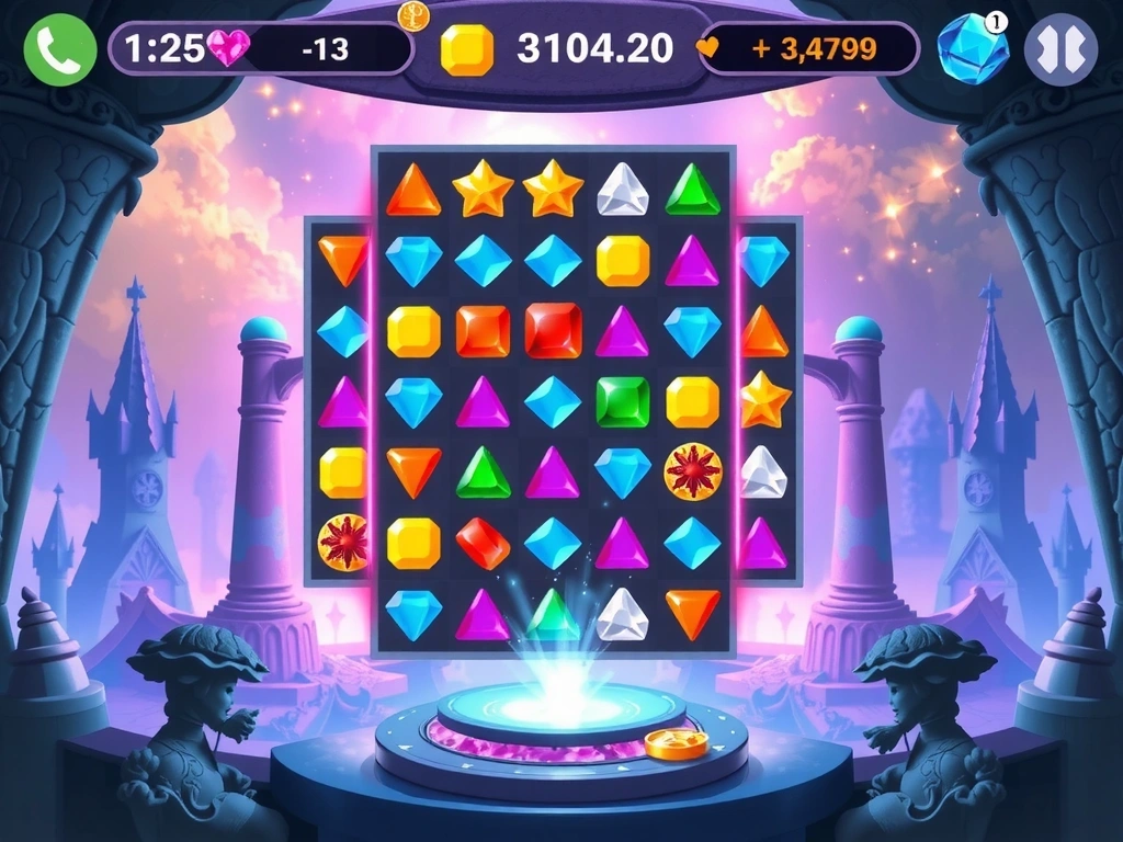 Mystic Realms puzzle game showing magical gems and fantasy interface